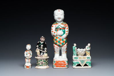 Four Chinese famille verte and noire figures, Kangxi