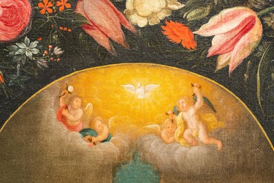 Andries Daniels (c. 1580-1640), attribu&eacute; &agrave;: 'Le mariage de Marie et Joseph' dans un m&eacute;daillon ovale entour&eacute; d'une guirlande florale, huile sur toile