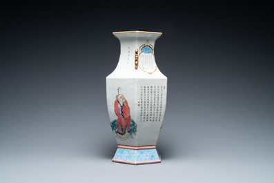 A Chinese famille rose 'Wu Shuang Pu' hexagonal vase, 19th C.