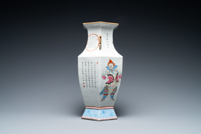 A Chinese famille rose 'Wu Shuang Pu' hexagonal vase, 19th C.