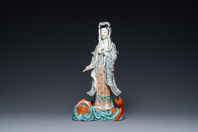 A large Chinese famille rose figure of Guanyin on a fish, Hui Guan Deng Chang Rong Zao mark, 19th C.