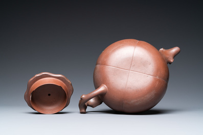A Chinese melon-shaped Yixing stoneware teapot, signed Qi Tao (Wu Hanwen) and dated 1923