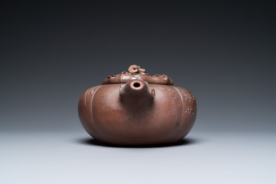 A Chinese melon-shaped Yixing stoneware teapot, signed Qi Tao (Wu Hanwen) and dated 1923