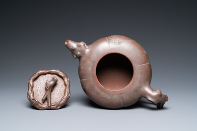 A Chinese melon-shaped Yixing stoneware teapot, signed Qi Tao (Wu Hanwen) and dated 1923