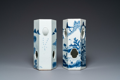 Two Chinese blue and white hexagonal hat stands with landscapes, 19th C.