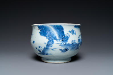 A Chinese blue and white censer with figures in a landscape, Transitional period