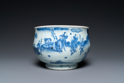 A Chinese blue and white censer with figures in a landscape, Transitional period
