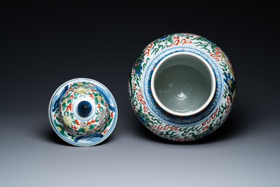 A Chinese wucai 'dragon' vase and cover, Transitional period