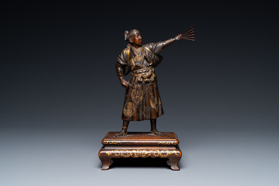 A Japanese patinated and gilded bronze figure of a warrior, signed Miyao, Meiji, 19th C.