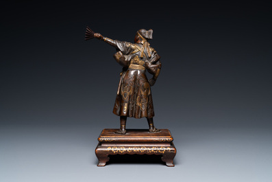 A Japanese patinated and gilded bronze figure of a warrior, signed Miyao, Meiji, 19th C.