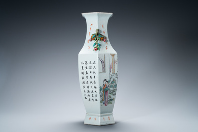 Un vase de forme hexagonale en porcelaine de Chine qianjiang cai, sign&eacute; Cai Yun Xuan et dat&eacute; d&eacute;cembre 1916