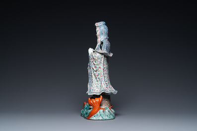 A large Chinese famille rose figure of Guanyin on a fish, Hui Guan Deng Chang Rong Zao mark, 19th C.