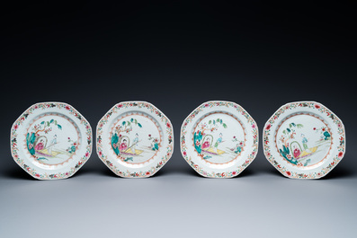 Eight Chinese octagonal famille rose plates with a boat on the water, Qianlong