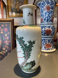 A Chinese famille verte rouleau vase with narrative design, Kangxi