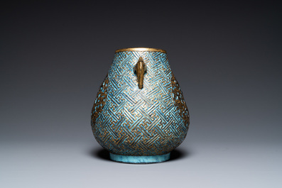 A Chinese 'robin's egg and imitation bronze'-glazed 'hu' vase, Qianlong mark, 19th C.