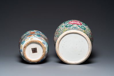 A Chinese famille verte vase and a famille rose vase with wooden cover and stand, 19th C.