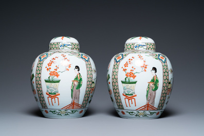 A pair of Kangxi-style famille verte jars and covers, Samson, France, 19th C.