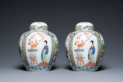 A pair of Kangxi-style famille verte jars and covers, Samson, France, 19th C.