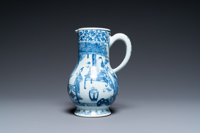 Een Chinese blauw-witte kan met een dame in een interieur, Yongzheng