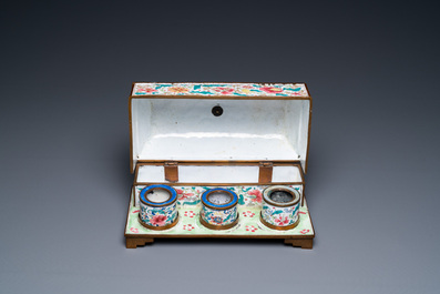 A Chinese rectangular Canton enamel desk set, Qianlong