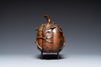 A Chinese bronze censer and cover in the shape of two pumpkins, 19th C.