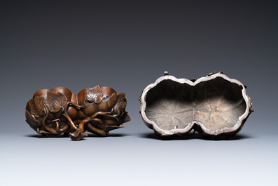 A Chinese bronze censer and cover in the shape of two pumpkins, 19th C.