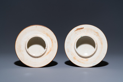 A pair of Chinese famille rose capucin brown-ground vases and covers, Qianlong