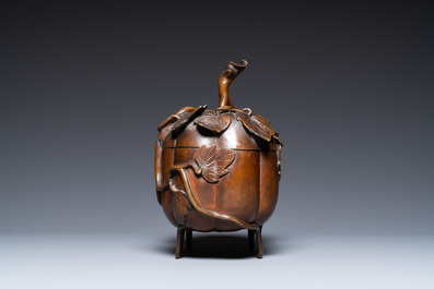 A Chinese bronze censer and cover in the shape of two pumpkins, 19th C.