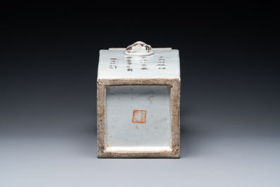 Een Chinese vierkante ijzerrode vaas met boeddhistische leeuwen, 19e eeuw