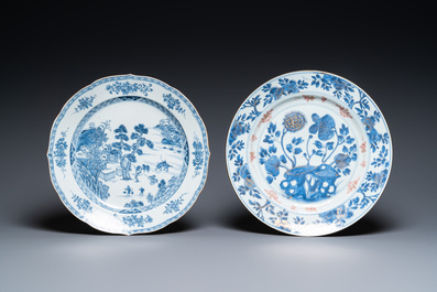 Three Chinese blue, white and Imari-style plates and two dishes, Kangxi/Qianlong