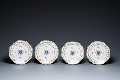 A Chinese famille rose 'cranes' dish and four armorial plates, Qianlong