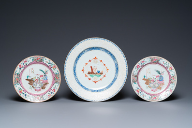 A pair of Chinese famille rose plates and a bianco sopra bianco dish, Qianlong