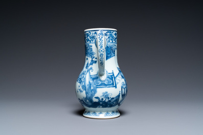 Een Chinese blauw-witte kan met een dame in een interieur, Yongzheng