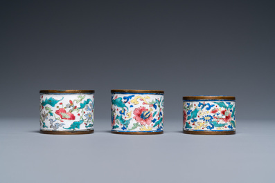 A Chinese rectangular Canton enamel desk set, Qianlong