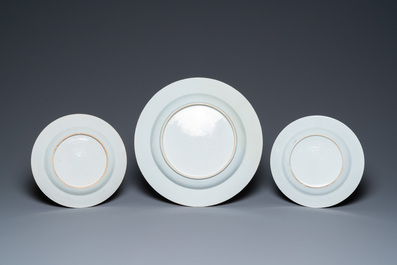 A pair of Chinese famille rose plates and a bianco sopra bianco dish, Qianlong