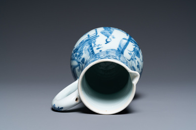 Een Chinese blauw-witte kan met een dame in een interieur, Yongzheng