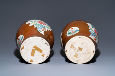 A pair of Chinese famille rose capucin brown-ground vases and covers, Qianlong