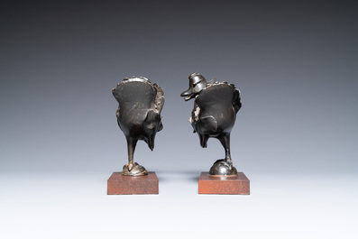 A pair of Chinese bronze 'mandarin ducks' censers, Ming