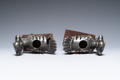 A pair of Chinese bronze 'mandarin ducks' censers, Ming