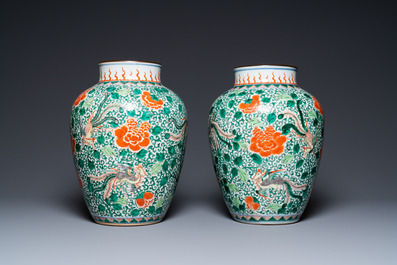 A pair of Chinese famille verte 'phoenix' vases, 19th C.