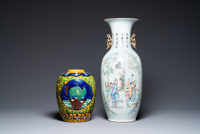 A Chinese two-sided design vase and a biscuit vase with mythical animals, 19/20th C.