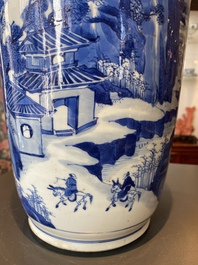 A Chinese blue and white rouleau vase with figures in a mountainous landscape, Kangxi