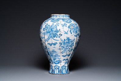 An exceptionally large blue and white baluster vase with naturalistic design, Delft or Frankfurt, late 17th C.