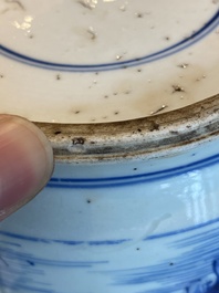 A Chinese blue and white rouleau vase with figures in a mountainous landscape, Kangxi