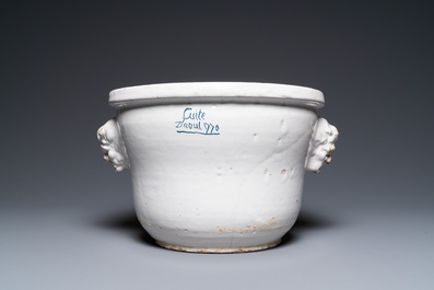 A large monochrome white-glazed French faience fruit bowl, dated August 1770