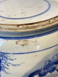 A Chinese blue and white rouleau vase with figures in a mountainous landscape, Kangxi