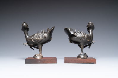 A pair of Chinese bronze 'mandarin ducks' censers, Ming
