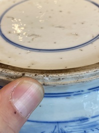 A Chinese blue and white rouleau vase with figures in a mountainous landscape, Kangxi