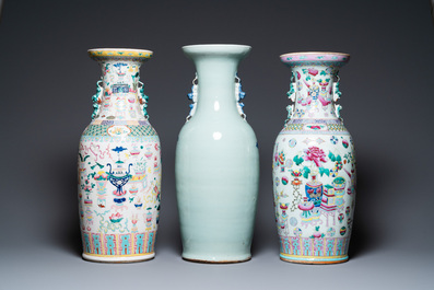 Two Chinese famille rose vases and a blue and white celadon-ground vase with antiquities, 19th C.