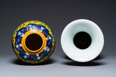 A Chinese two-sided design vase and a biscuit vase with mythical animals, 19/20th C.